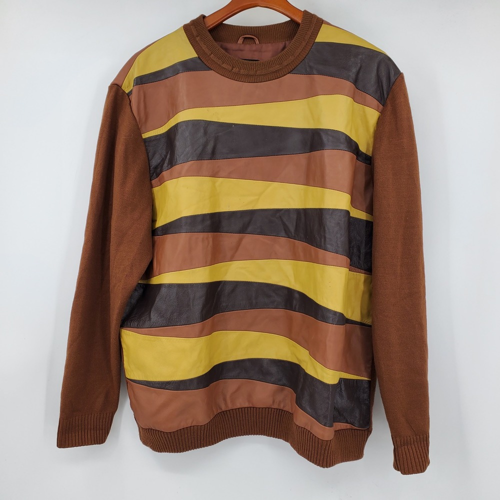 Vintage Zegara Collezioni Mens L Sheep Leather Striped Mixed Media Sweater Brown